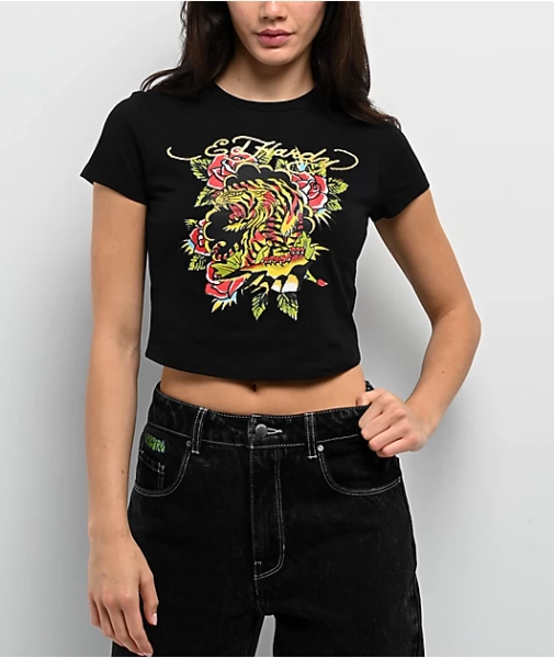 Ed Hardy Tiger Rose Black Crop T-Shirt