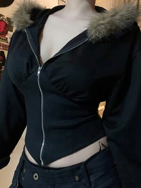 Lalippa Women Casual Faux Fur Collar Hooded Cinched Waist Jacket - Size XL