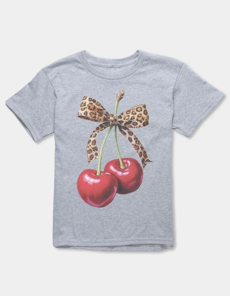 CHERRIES Leopard Bow Unisex Kids Tee - HEATHER GRAY - XS