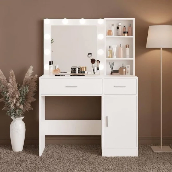 JEAREY White Wood Makeup Vanity Desk with Mirrors, Drawers, Cabinets, Shelves