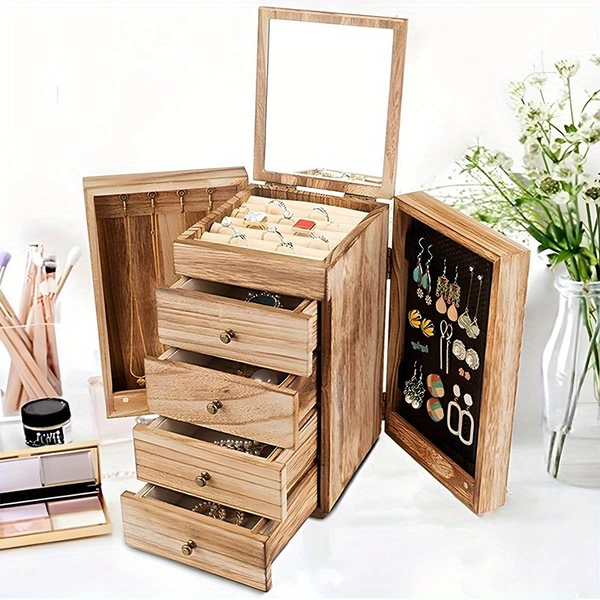 Vintage Solid Wood Multi-Layer Jewelry Box with Transparent Cover, a Must-Have for Jewelry Storage And Independent Daily Dressing Table Organization
