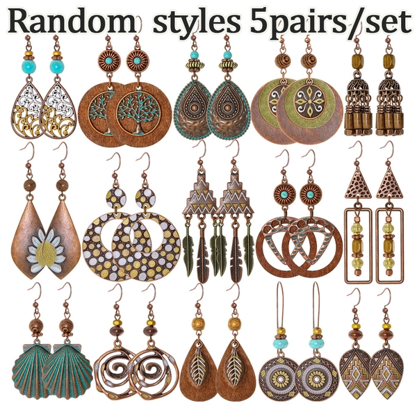 5 Pairs/Set Vintage Royal Style Earrings(Random Assortment)- Features Feather, Fringe, Leaf&amp; Hoop Designs, Versatile Ethnic Accessories for Women's Vacation, Parties and Gifts,  Boho Chic Style, Royal Design, Statement Pieces, Durable Design, Hoop