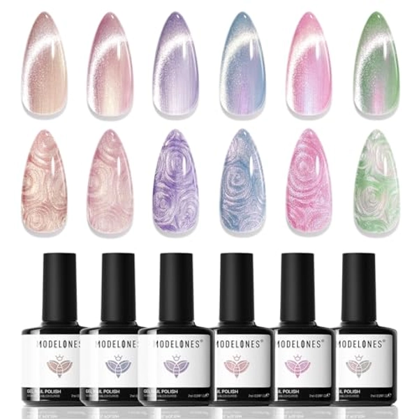 modelones Cat Eye Gel Nail Polish, 6 Colors Shimmer Pearl Magnetic Nail Drawing Set with Magnet, Iridescent Mermaid Swirl Shell Thread Purple Pink Blue Glitter, DIY Manicure Gift for Women Girl