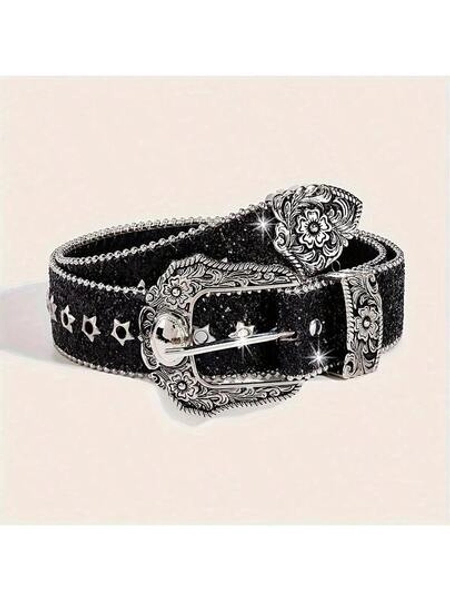 Vintage Style Sequined Belt, Carved Buckle -  Punk, Versatile Accessory For Daily Use And Date Nights