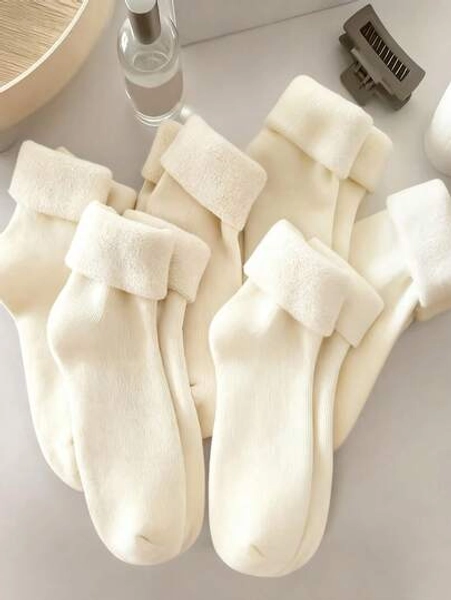 6 Pairs Women's Solid Ivory Color Winter Thick Fleece Lined Casual Crew Socks