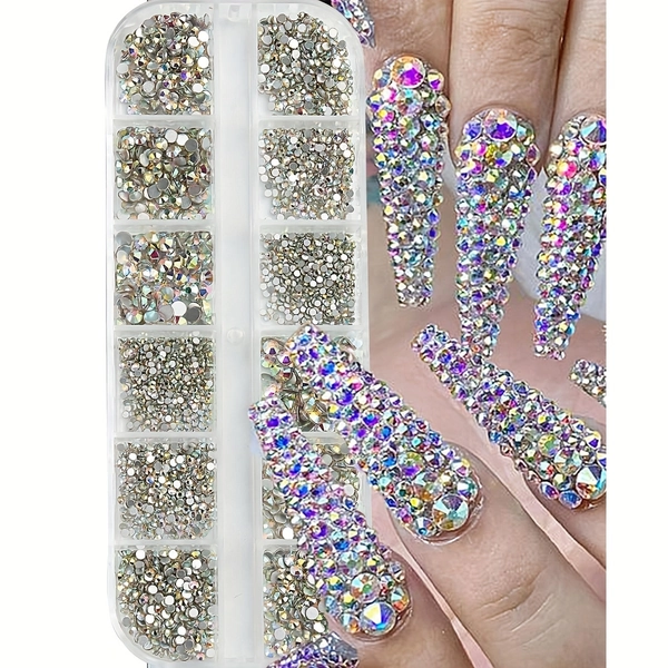 Multi-Size AB Nail Rhinestones Set Flat Bottom Clear Gems DIY Nail Art Decorations Strass Stones with Nails Crayons, Tweezers Nail Charms Nail Supplies