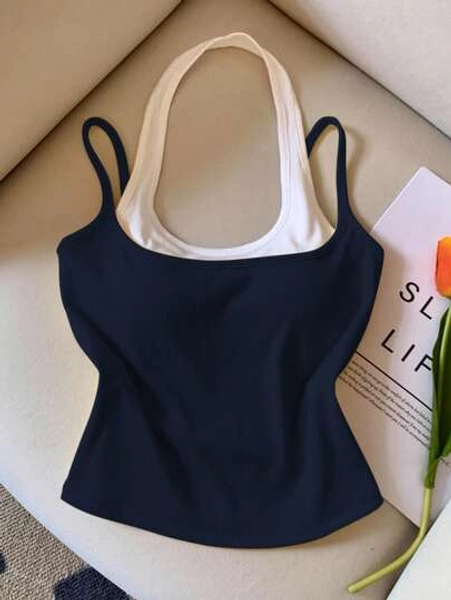 SHEIN Women's Casual Daily Two-Tone 2-In-1 Fitted Tank Top, Summer