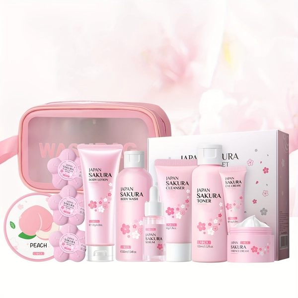 11pcs Face &amp; Body Skincare Set For Women With Wash Bag, Portable For Travelling, Cleanser, Toner, Serum, Eye Cream, Moisturizier, Body Wash, Bath Bomb, Peach Facial Scrub, Body Lotion, Ideal Gift Set For Christmas Valentines Day Birthday