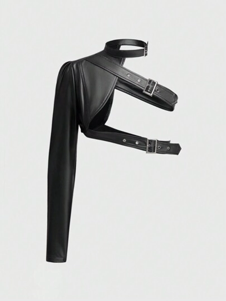 ROMWE Grunge Punk Women Short Asymmetric One Shoulder Adjustable Button Solid Color Faux Leather Jacket - Size XS