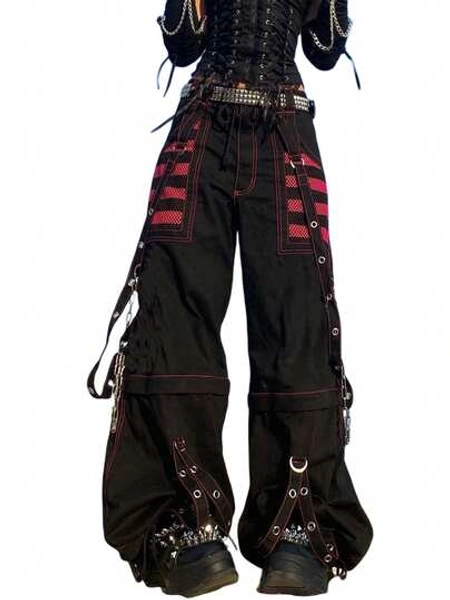 Women Cargo Jeans, Striped Zipper Button Closure Loose Casual Trousers Streetwear With Pockets - Size L