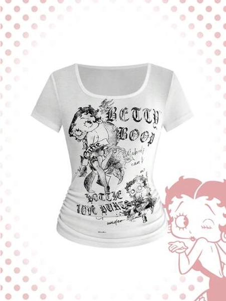 Betty Boop | ROMWE Y2K Baddie Spring/Summer Collab Vintage Distressed Print Cropped Ruched T-Shirt - Size XL