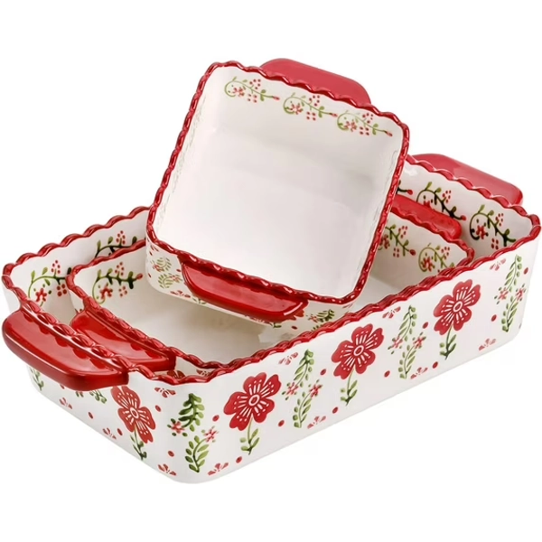 Rectangular Ceramic Bakeware Set 3-Pack – Hand-Painted Lasagna Pans, Safe for Microwave & Dishwasher​