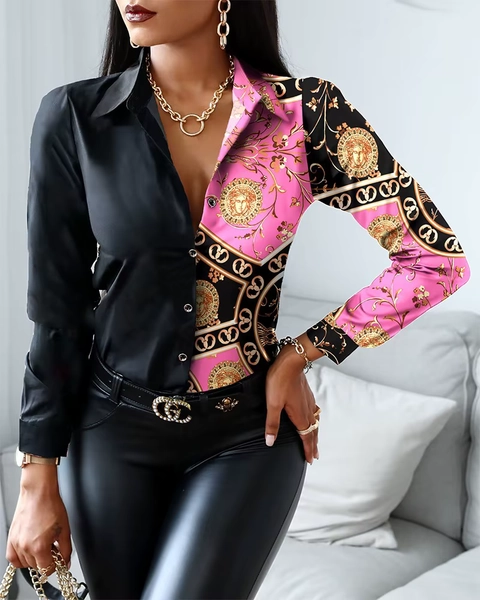 Women Fashion Wild Shirts Chain/Floral/Letter/Geometric Square Print Turn-Down Collar Long Sleeve Blouses - AliExpress 200000345