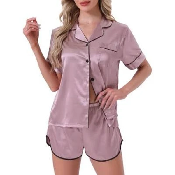 Women's Satin Silky Short Sleeve Button Down Pajamas Set