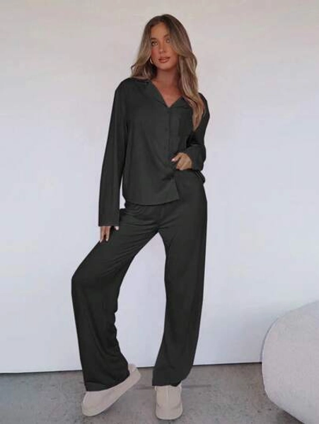 Women Fall And Winter Home Comfort Two Pieces Long-Sleeved Lapel Single-Breasted Top Straight Pants Solid Color Loose Casual Suit