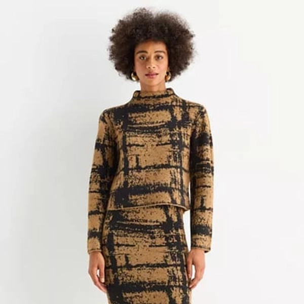 Worthington Womens Mock Neck Long Sleeve Geometric Pullover Sweater, Petite Medium, Brown