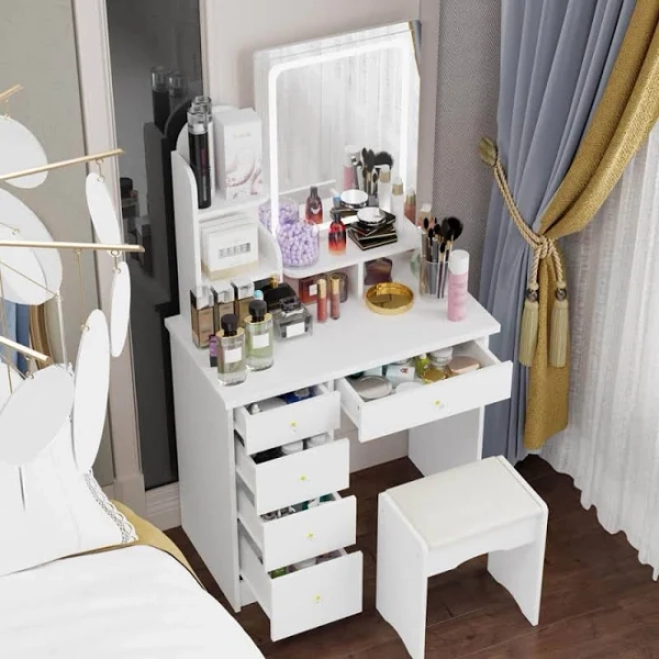 FUFUGAGA 5-Drawers White Makeup Vanity Set with Stool Mirror LED Light 3-Tier Storage Shelves