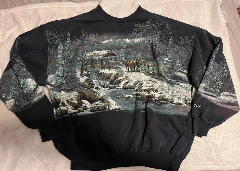 Vintage Art Unlimited XL Sweatshirt Women’s Winter Scene Horses Bridge 90s