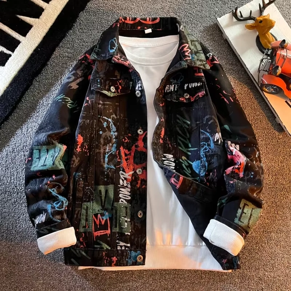 Hip Pop Leter Graffiti Denim Jacket Men's Fashion Spring Punk Wear Korean Kpop Trend Slim Top Unisex Handsome Casual Jeans Coat - AliExpress 200000343