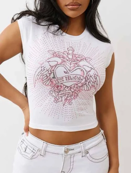 True Religion Women's Crystal Winged Heart Graphic Baby T-Shirt