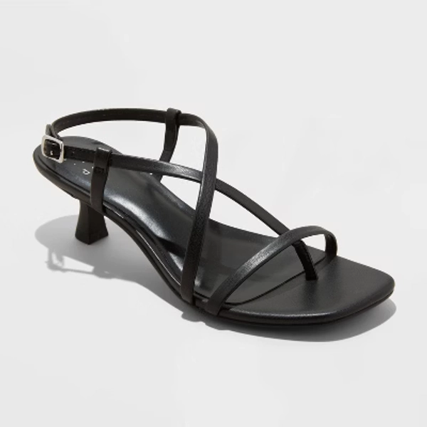 Women's Reggie Toe Thong Strappy Kitten Heels - A New Day™ Black 6: Faux Leather, Cushioned Insole, Buckle Closure, 2" Louis Heel