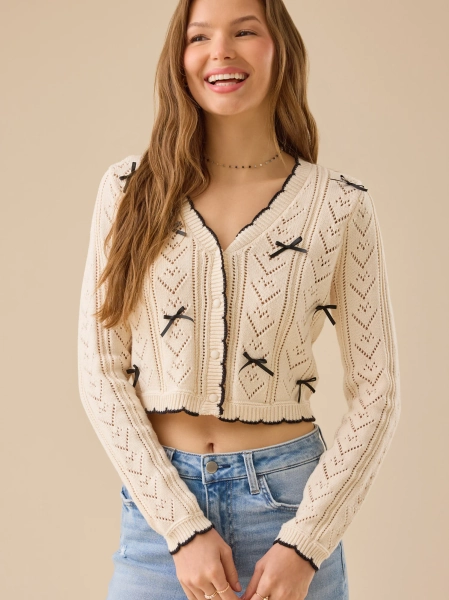 Cece Delicate Bow Cardigan in Ivory & Black | Altar'd State
