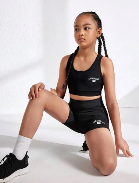 SHEIN Tween Girl Letter Print Sleeveless Crop Top and Shorts Sports Set
