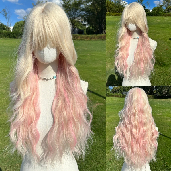 SMILCO 28-Inch Highlight Platinum & Pink Synthetic Wig with Long Wave and Bangs