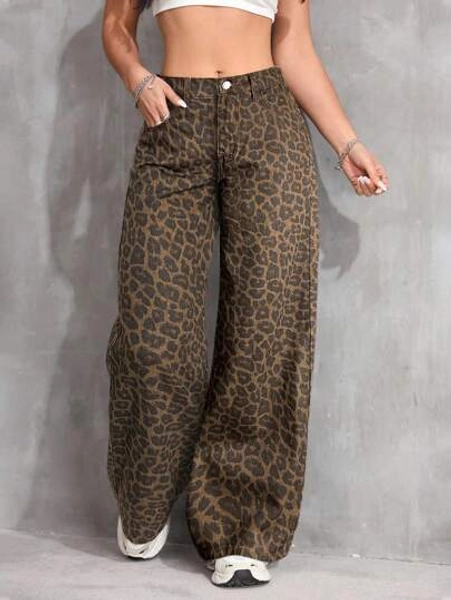 SHEIN Tween Girls Vintage 90s Leopard Print Loose Pocket Casual High Waisted Jeans Versatile Denim Wide Leg Jeans Y2k,Teacher Outfits For Girl,Back To School Outfits Girls,Church Dress,Business Casual Outfits Girl,Cargo Denim Jeans Dress,Girls Fall Winter Baggy Pants,High-Waisted Long Wide Leg Denim Jeans With All Over Leopard Print For Teens,Teen Girls Brown Leopard Print Wide Leg Denim Jeans For Streetwear Style, Leopard Print Pants, Wide Leg Pants, Animal Print Pants, Leopard Pants, Loose Pants