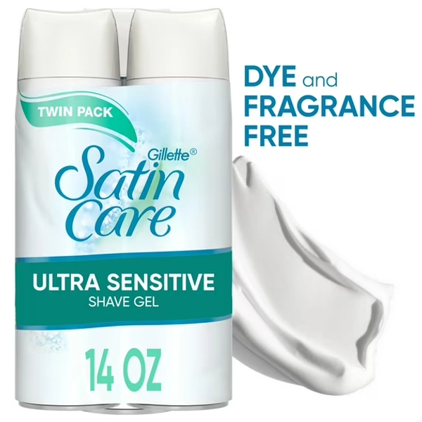 Gillette Satin Care Ultra Sensitive Women's Shaving Gel Twin Pack, Fragrance Free, 14 oz