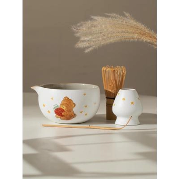 Hand Painted Cute Strawberry Bear Ceramic Matcha Kit Gift Ideas Matcha Bowl Set of 4 Tea Ceremony Set