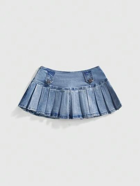 ROMWE Y2K Millennium Basic Super Short Pleated Denim Mini Skirt For Women - Size XS