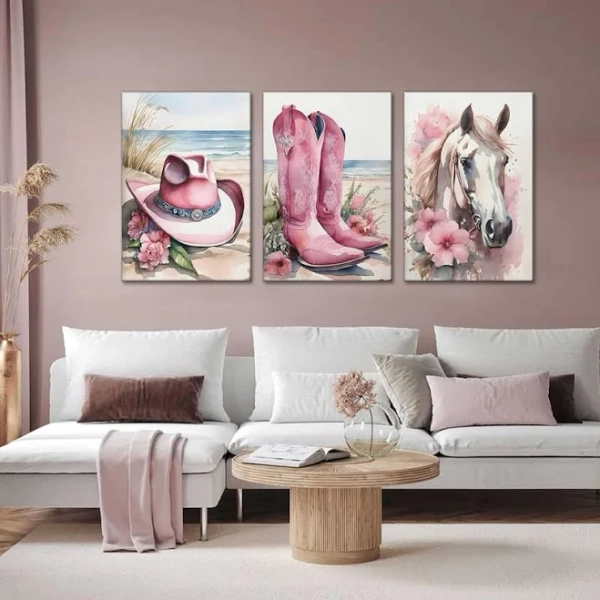 3pcs Coastal Western Cowgirl Canvas Wall Art