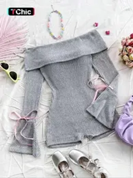 Women's Solid Ribbed Off Shoulder Flounce Sleeve Romper, Casual Fashion Cozy Romper for Daily Outdoor Wear, Women's Clothes for Spring & Fall