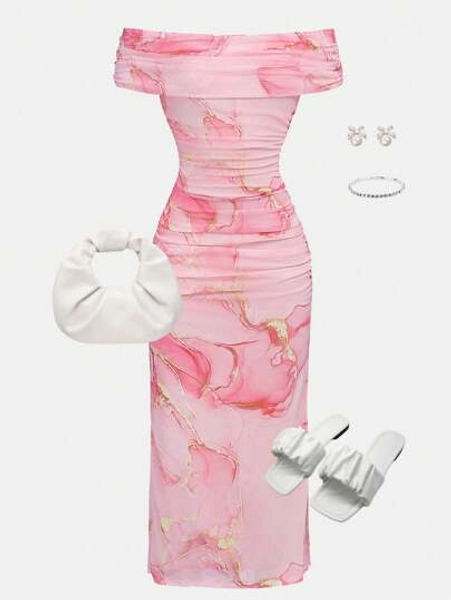 SHEIN Girlism Teen Girls Pink Allover Print Mesh Tight Off Shoulder Ruffle Slit Dress Graduation Outfit