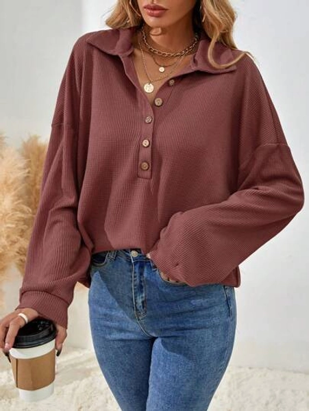 EMERY ROSE Solid Color Half-Breasted Drop Shoulder T-Shirt