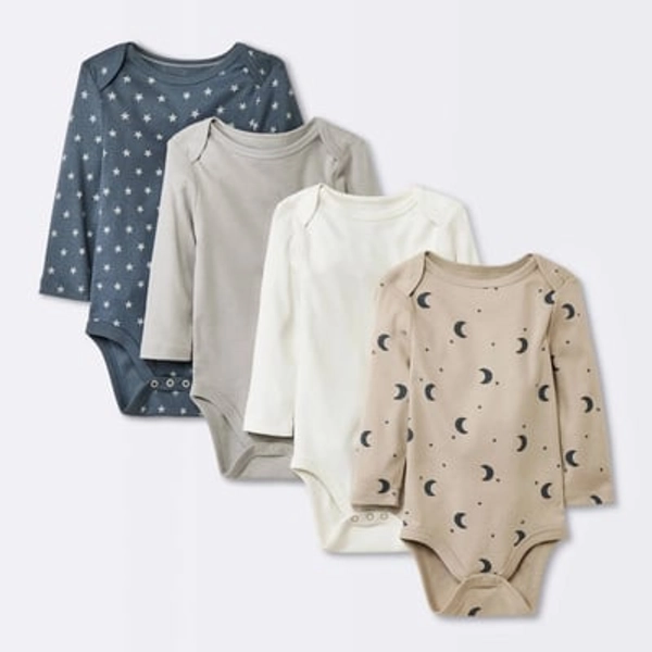 Baby 4pk Long Sleeve Moons Bodysuit - Cloud Island™ Gray Newborn: Cotton, Crotch Snap, Lap Shoulder