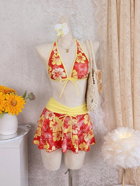 Bellisia Women's Summer Beach Music Festival Flower Pattern Skirt Halter Casual Vacation Style Bikini 3-Piece Set