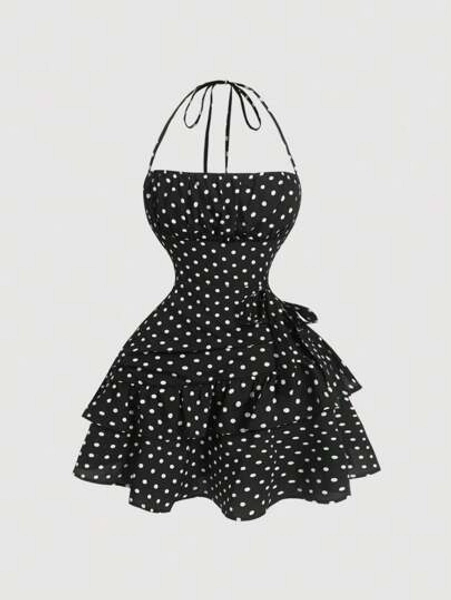 SHEIN MOD Neck Halter Gather Waist Ruffled Hem Polka Dot Dress,Streetwear  ,Rave,Romantic ,Summer ,Festival,Vintage, Elegant,Party,Modest ,Bachelorette,Sexy ,Bow,Coquette ,Club Outfits Women Dress,Summer Dresses For Women,Polka Dot Dress