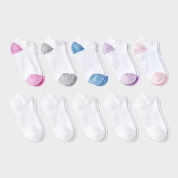 Girls' 10pk Low Socks - Cat & Jack™ White S: Cushioned Heel & Toe, Knit Midweight Fabric