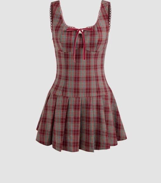 CIDER Woven School Mini Dress Womens Square Neck Check Bowknot & Pleated