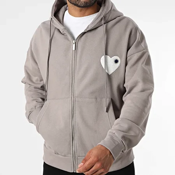 Sweat Capuche Zippé Coeur Chic Taupe Blanc