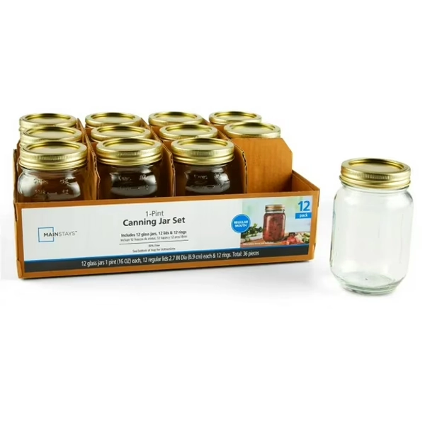 Mainstays Regular Mouth 16 oz Mason Jars 12pk, Pint Canning Jars and Lids, Bulk Glass Jars for Preserves, Salsas, Iced Coffee, Drinking Glasses, Candle Making