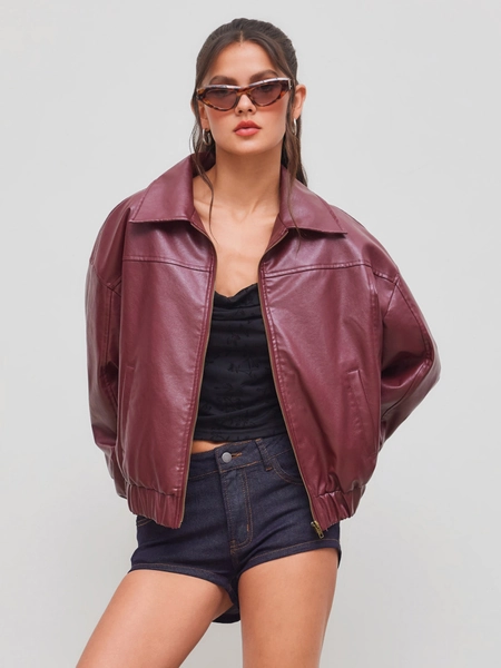 Faux Leather Collar Solid Pocket Zipper Bomber Jacket