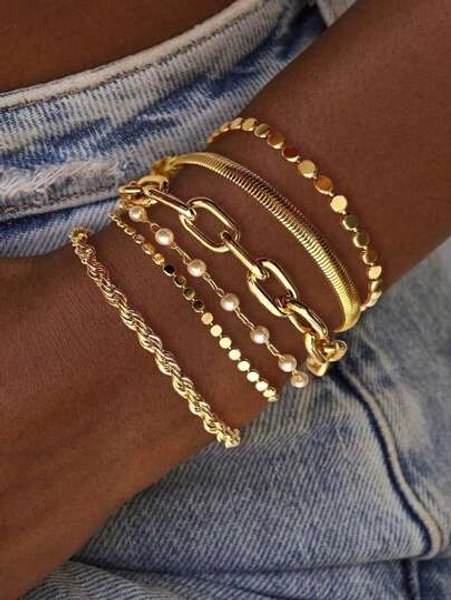 6pcs Metal Chain Bracelet Set For Women, Includes Faux Pearl, Snake Chain, Twisted Chain, Flat Round Disc Design Chunky Fashion Jewelry, Elegant Retro Style, Suitable For Holiday, Party, Gift, Daily Wear (Flat Beads & Faux Pearl Quantity Random)
