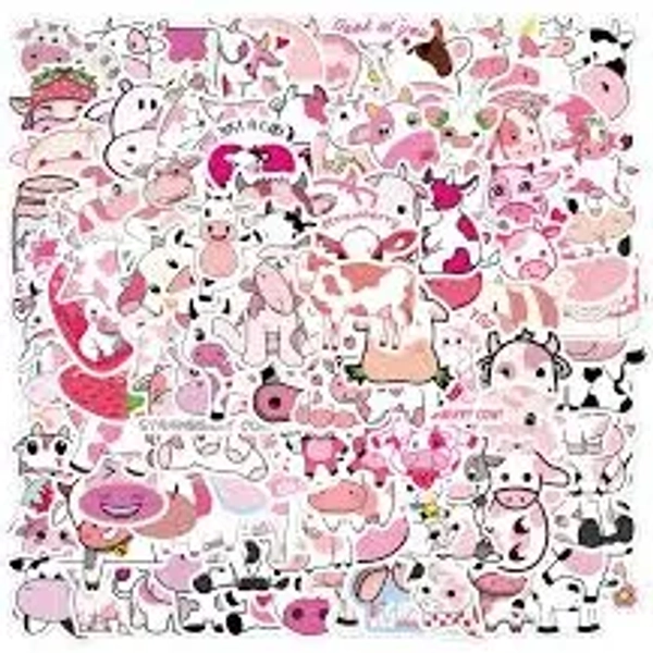 100 Stickers Pink Cows Theme Design Cute Aestheic Stickers Collection