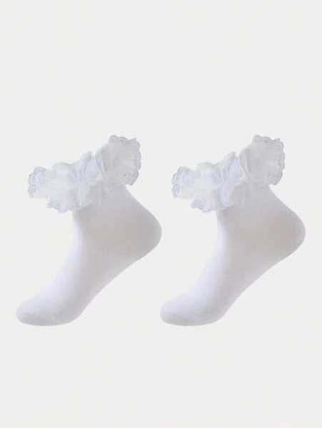 Women's Fashionable Mid-Calf Socks With Hollow Ruffled Design - Size one-size