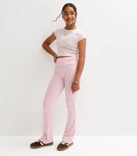 Girls Pink Folded Waist Flared Jersey Leggings