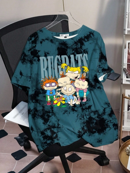 Nick 90s | SHEIN Camiseta de manga corta de talla grande de estilo casual de verano con estampado de retrato de dibujos animados efecto tie-dye