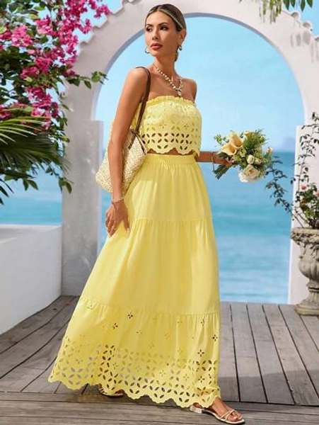 Vivid Eden Women's Summer Vacation Casual Tube Top & Long Skirt Two Pieces Outfits For Daily Wear,Women Summer Clothing, Vacation Style,Yellow Two Pieces Set,Vacation Outfits,Cute Summer Tops,Beach Vacation Outfits